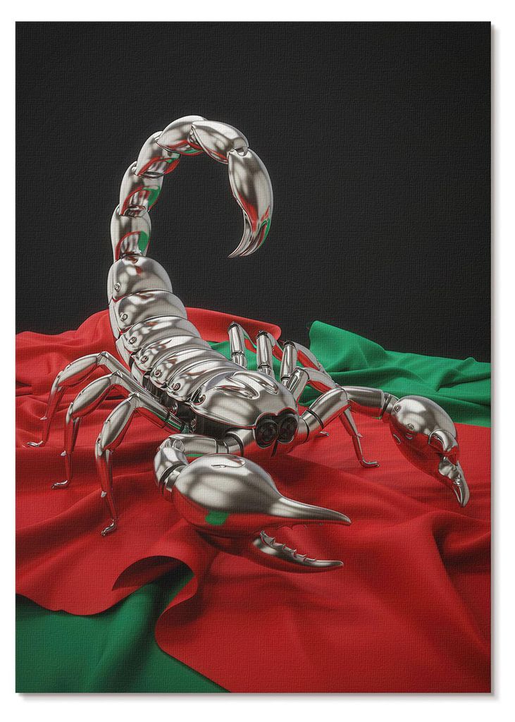 POSTER - 42x59 cm (A2) - Sarena Mundo - Metallischer Skorpion auf buntem Stoff - Wandbild für Wohnzimmer Schlafzimmer & Flur, Modernes Poster Wand...