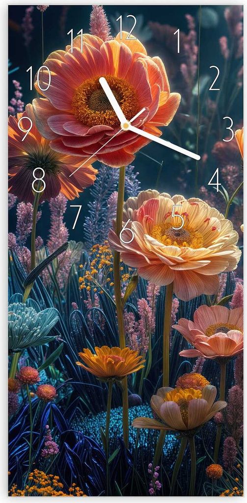 Wanduhr aus Glas mit Motiv Blumengarten- 30 x 60 cm - inkl. Aufhängesystem