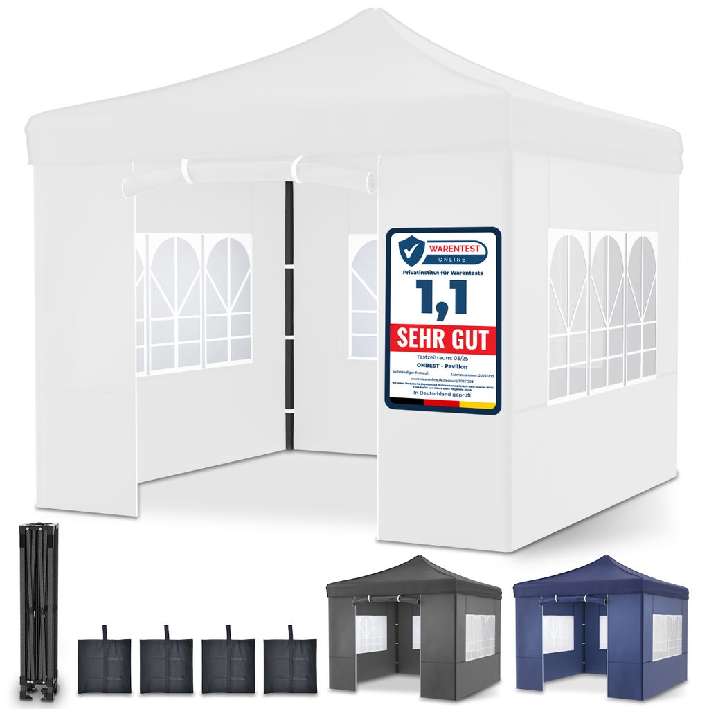 ONBEST Pavillon 3x3 | Wasserdicht | faltbar | Grau | mit Sandsäcke | Heringe | Seile | UV50+ | Premium