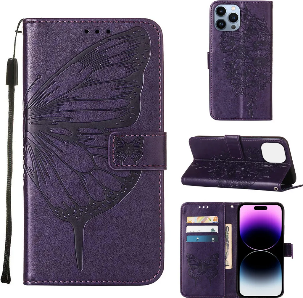 Custodia iPhone 14 Pro Viola a Libro con Farfalle - Pelle e Porta Carte