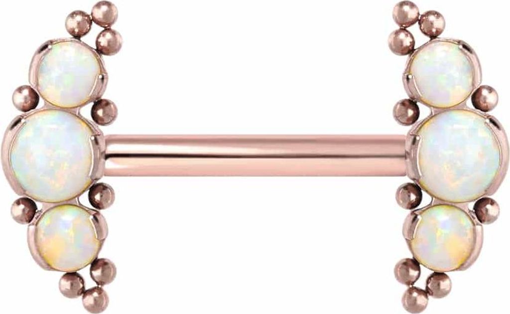 Zungenpiercing, Intim-Piercing Titan Barbell mit Push Fit 3 SYNTHETISCHE OPALE + KUGELN RoséGold Stablänge: 12mm