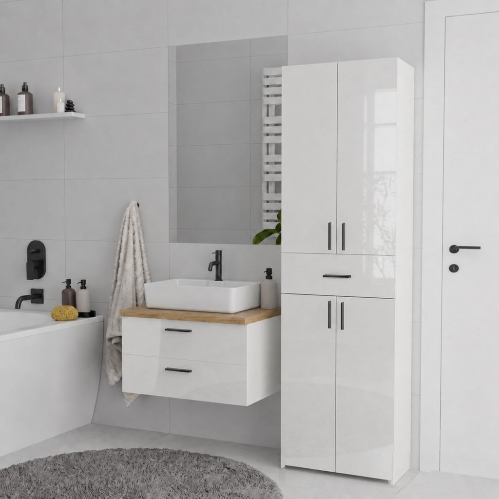 Badschrank Hochschrank Weiß Hochglanz stehend mit Schublade