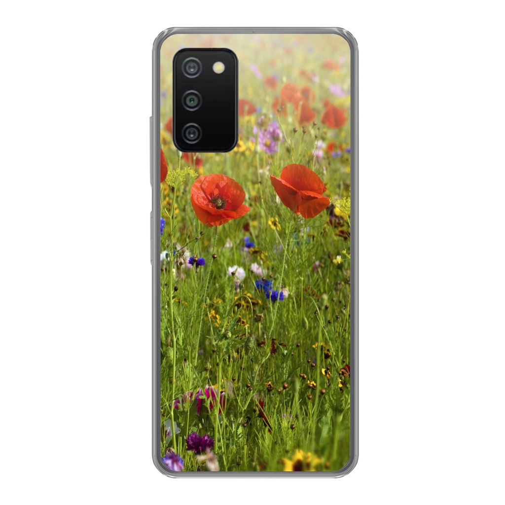 MuchoWow Handyhülle Schutzhülle Hülle für Samsung Galaxy A03s Frühling - Blumen - Rot - Mohn - Gras - Grün Silikon Softcase Handy Hülle - ...
