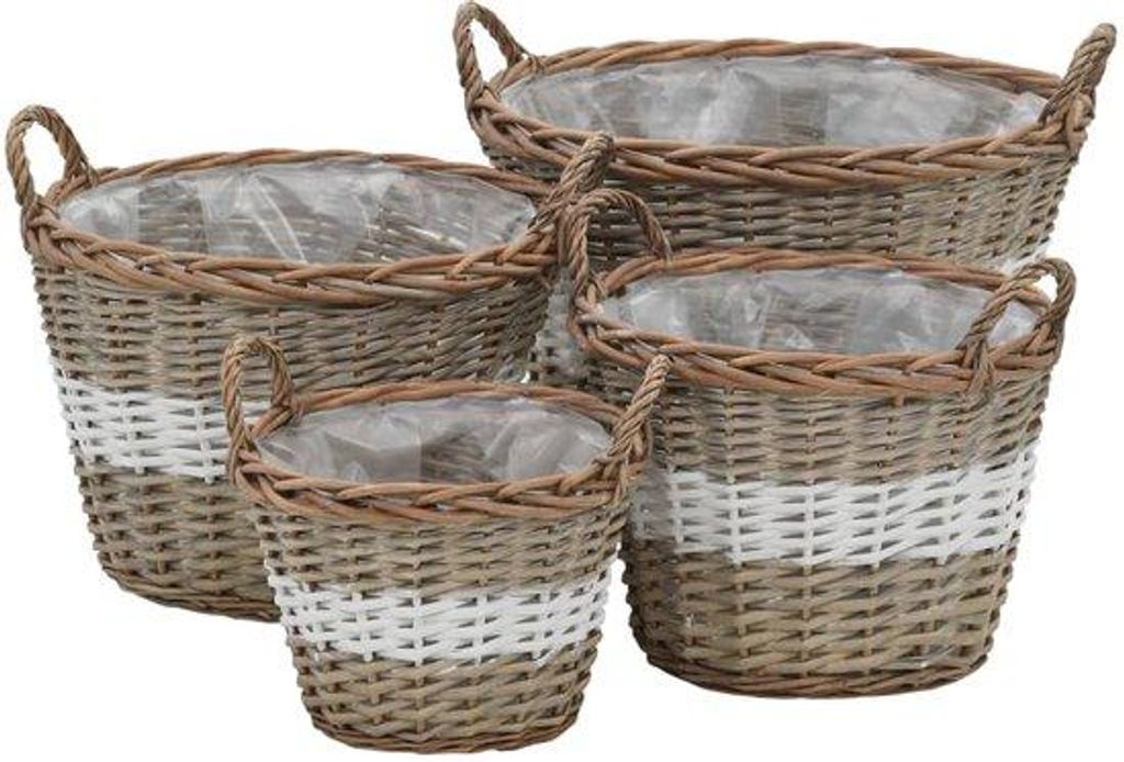 Rustikale Rieten Plantenbakken Set aus 4 - Handgefertigt - PE-Unterlage - Braun & Weiß - Bunte Rieten Blumentöpfe für Innen und Außen
