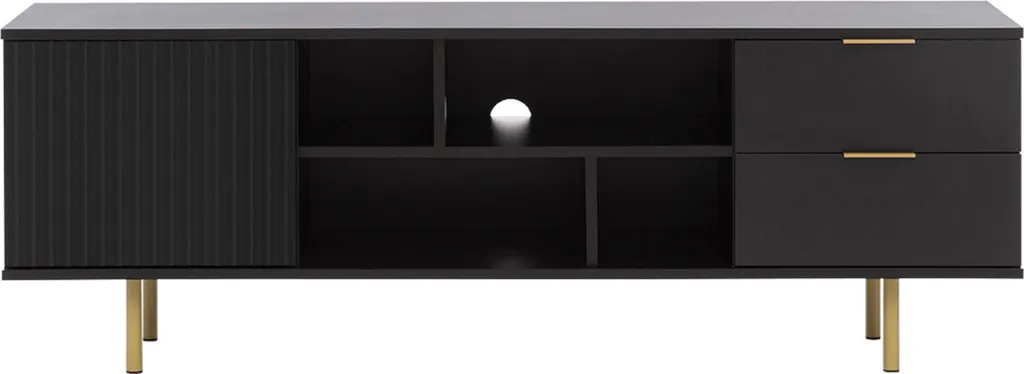 Meuble TV Noir 150 cm Monica : 2 Portes et 4 Niches Grand Rangement