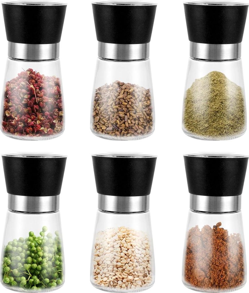 6er Set Salz und Pfeffermühle, 180 ml Gewürzmühle mit Manuell Einstellbarem Keramikmahlwerk, 13X6.4CM Transparent Gewürzmühlen Set
