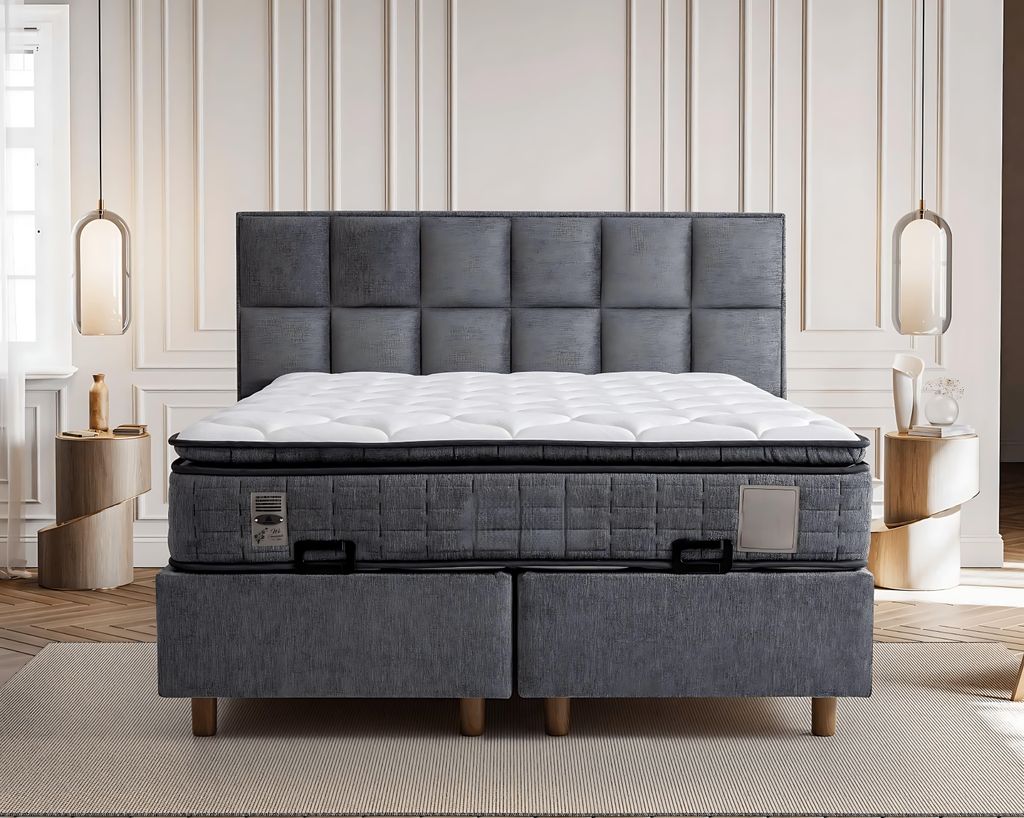 Grau modernes Bett mit Matratze aus Textil und Holz
