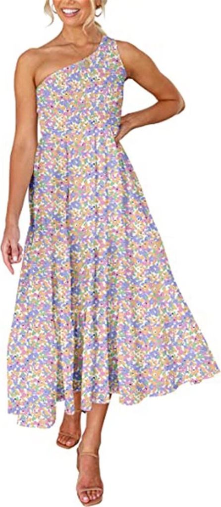 ASKSA Damen Kleider Sommer Böhmische Maxikleider Shoulder Ärmelloses Kleid Blumenkleid Rüschen Langekleider, Violett, XL