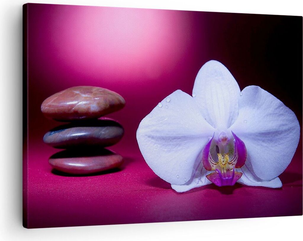 Bild auf Leinwand - Leinwandbild - Spa braune Steine weiße Orchidee - 70x50cm - Wand Bild - Wanddeko - Leinwanddruck - Bilder - Kunstdruck - Wandd...