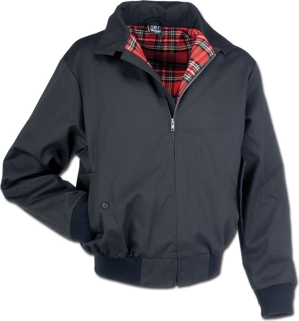 A black jacket with a plaid lining.