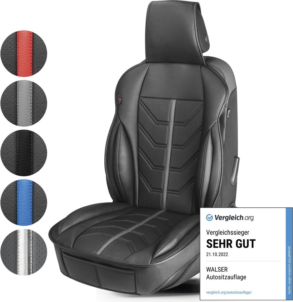 A black car seat cover with gray accents, displayed with a row of circular swatches showing different color options.