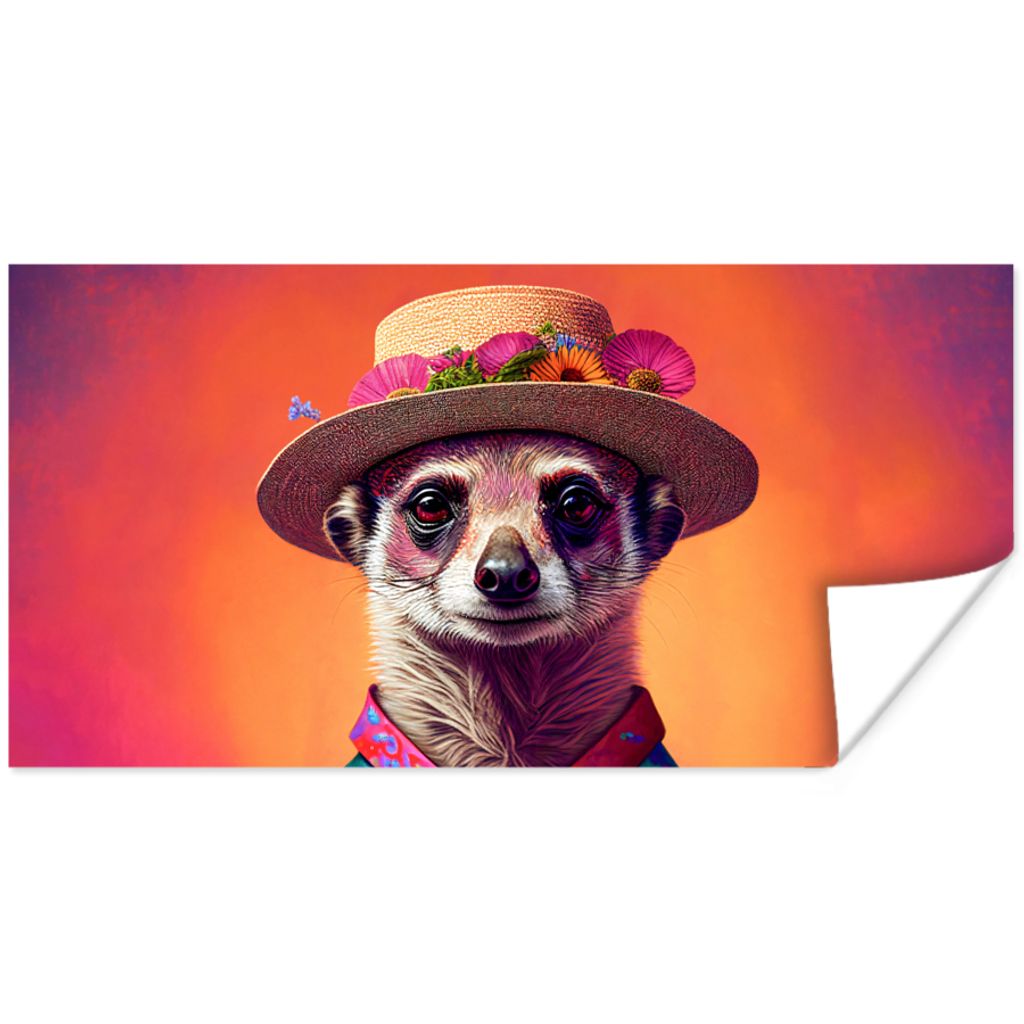 MuchoWow Poster Erdmännchen - Blumen - Hut - Tiere - Porträt 160x80 cm - Foto Poster