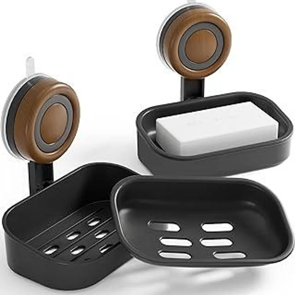 Portasapone con scarico, 2 pezzi - Portasapone a due livelli con ventosa, montaggio a parete senza fori, portasapone autodrenante per doccia, bagno e lavello della cucina (nero)