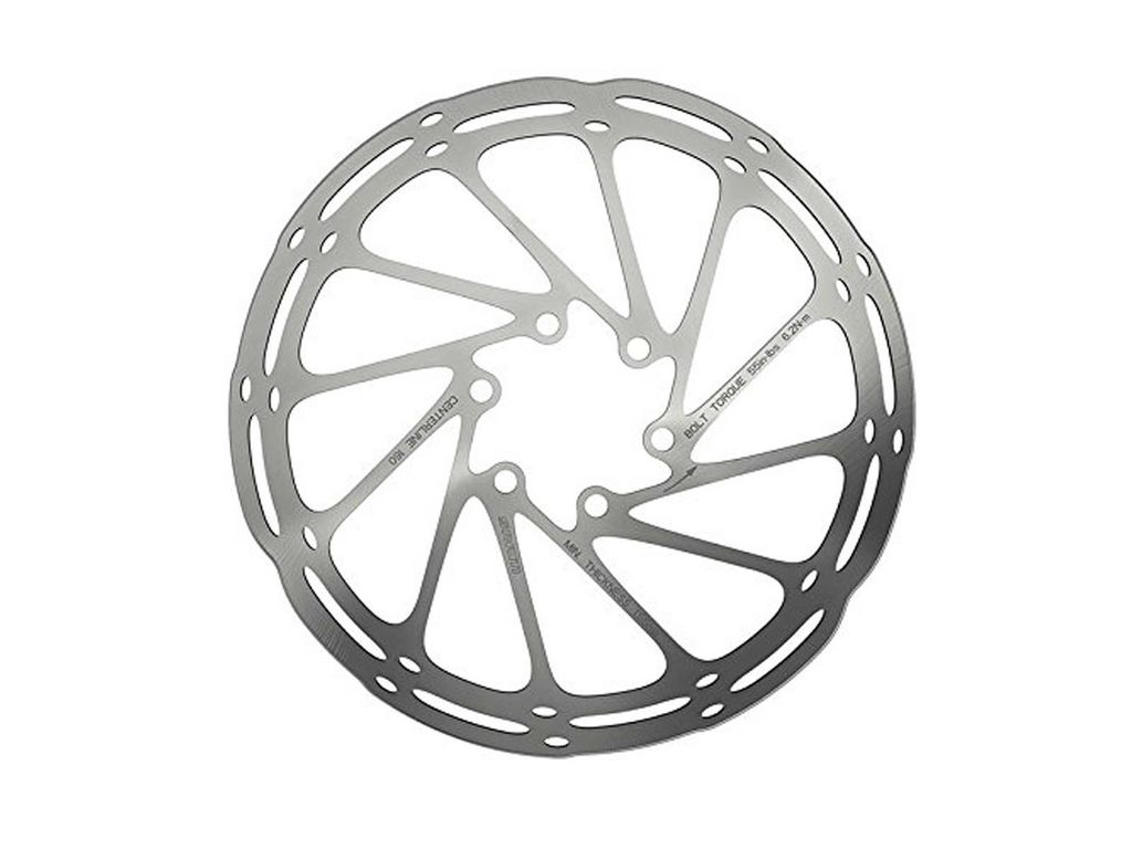 A single bicycle brake rotor is shown against a white background.