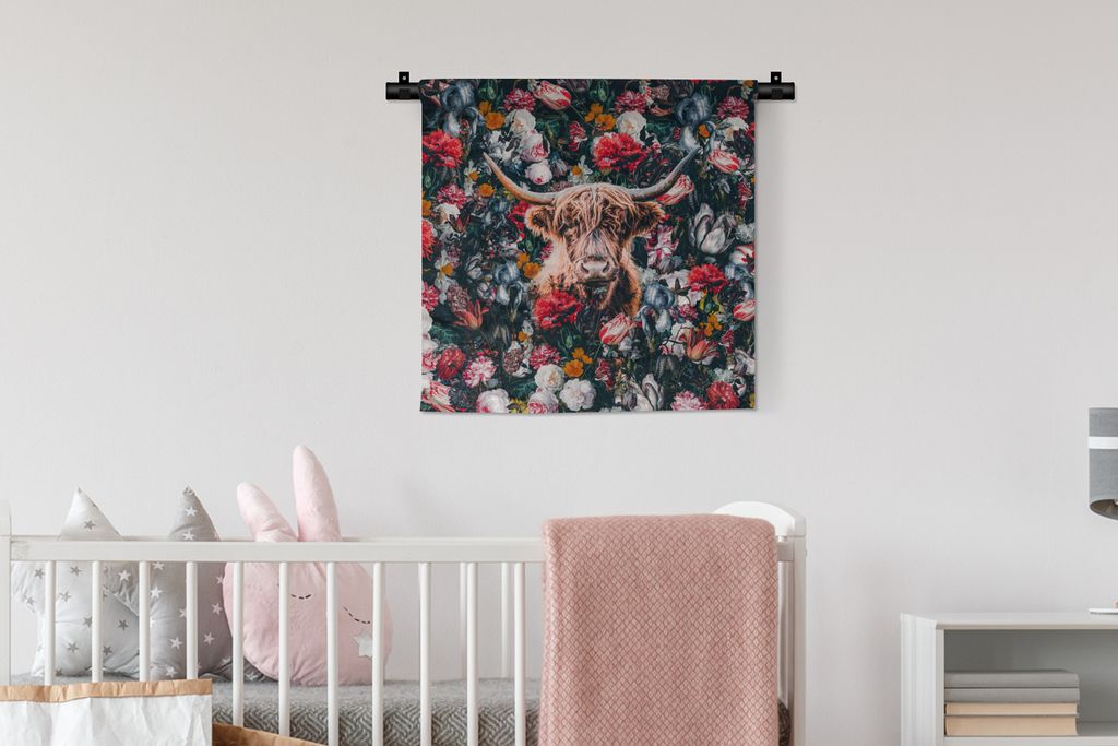 MuchoWow Wandteppich Wandbehang Schottisches Hochlandrind - Blumen - Tiere - Hoorn 60x60 cm Tapisserie Dekoration Wandtuch - Dekorationen - Wand ...