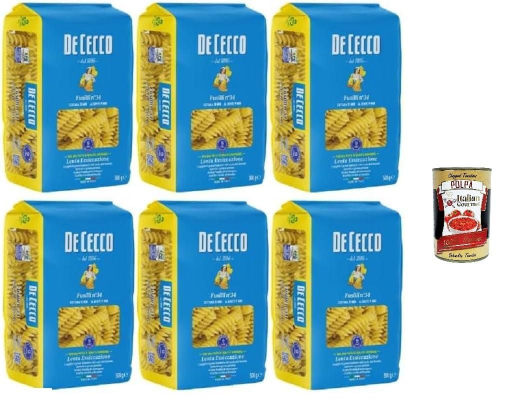 De Cecco Fusilli Pasta, 6 x 500g Packungen, Italienische Hartweizengriess-Nudeln, + Italian Gourmet polpa 400g