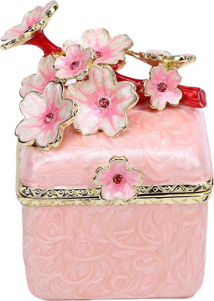 Cherry Blossom Jewelry Box Metal Exquisite Antique Style Case Home Decor for Shelf Vanity Desk Rosy