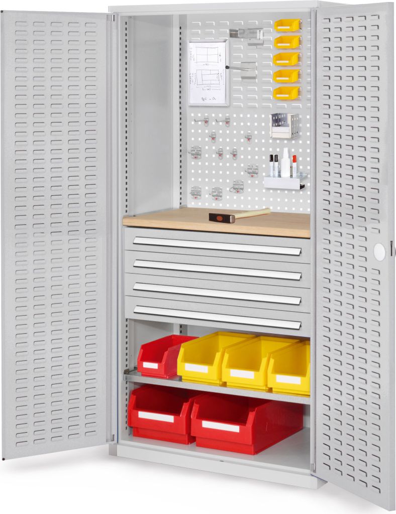 Werkzeugschrank, Türen mit Schlitzplatten, 1 Werkbankplatte, 4 Schubl. + 1 Fachb., BxTxH 1000x600x1950 mm, RAL 7035
