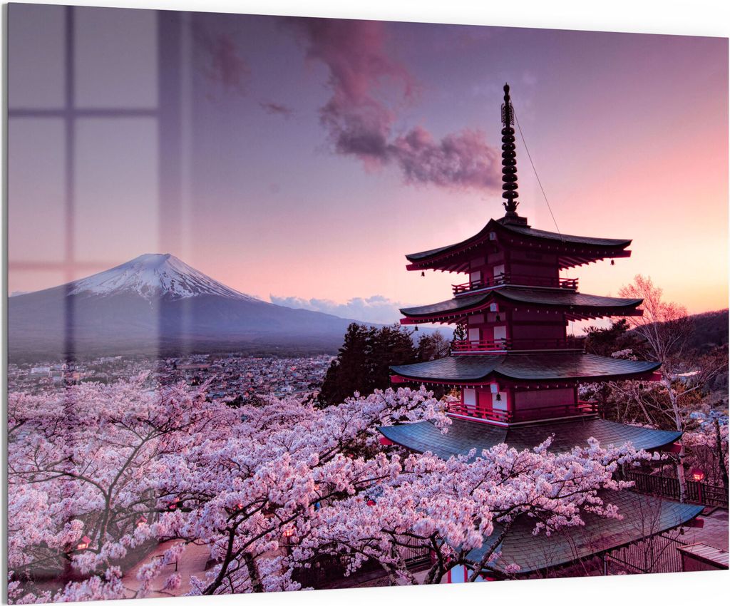 DEQORI Magnettafel Glas 120x90 cm 'Kirschblüten Tempel Japan' beschreibbar Whiteboard