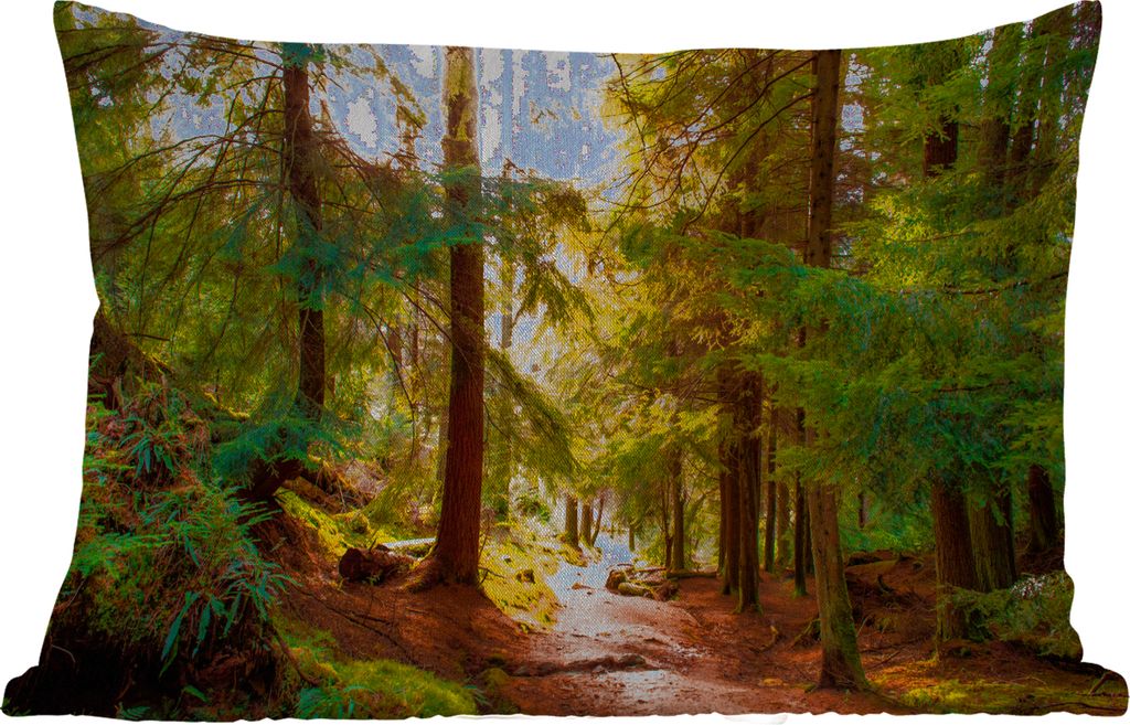 MuchoWow Outdoor Kissen - Wald - Weg - Bäume - Grün - Sonne - Natur - 60x40 cm - Wetterfest - Lounge Kissen - Zierkissen - Kissen für Innenräume