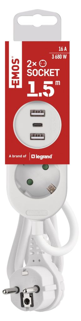 Gniazdo wielogniazdowe EMOS z USB, 2-drożne gniazdo Zdjęcie produktu 