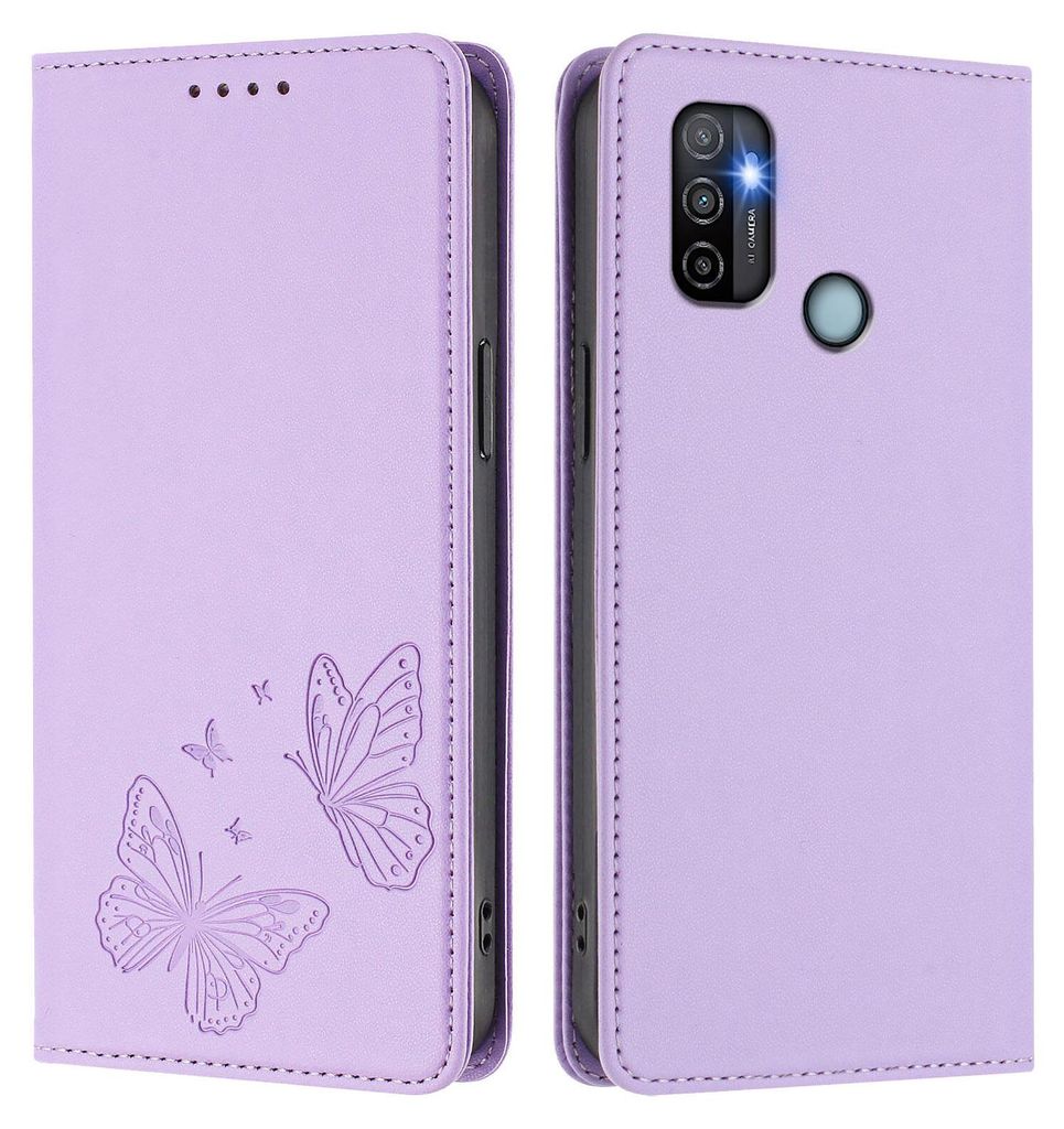 Lederhülle für Oppo A11s/A32/A53 4G/A53s 4G/A32 2020, Schmetterling Prägung Leder Brieftasche Schutzhülle mit Ständer Violett