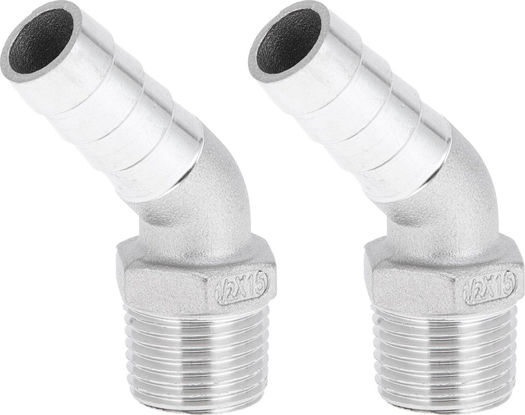 304 Edelstahl Schlauchstutzen 19/32" OD 1/2" BSPT 45 Grad Winkelgelenk für Luft Wasser Öl Gas Kraftstoff 2 Stück Silberton