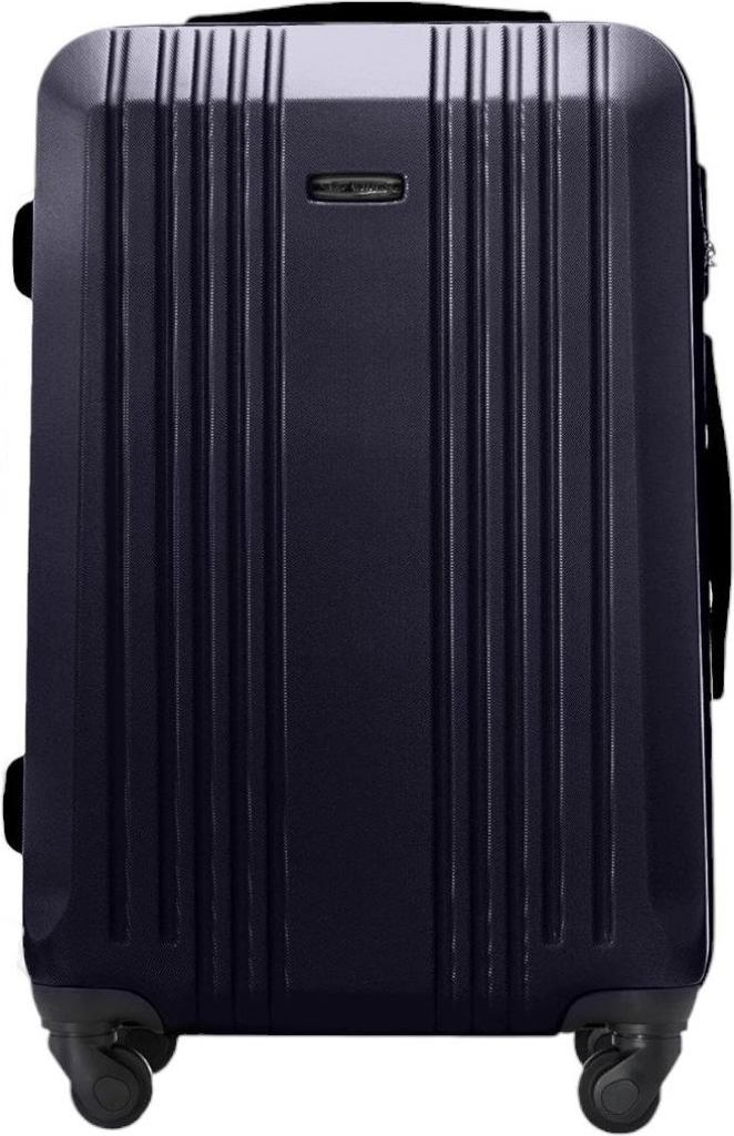 A dark blue suitcase is shown from the front on a white background.