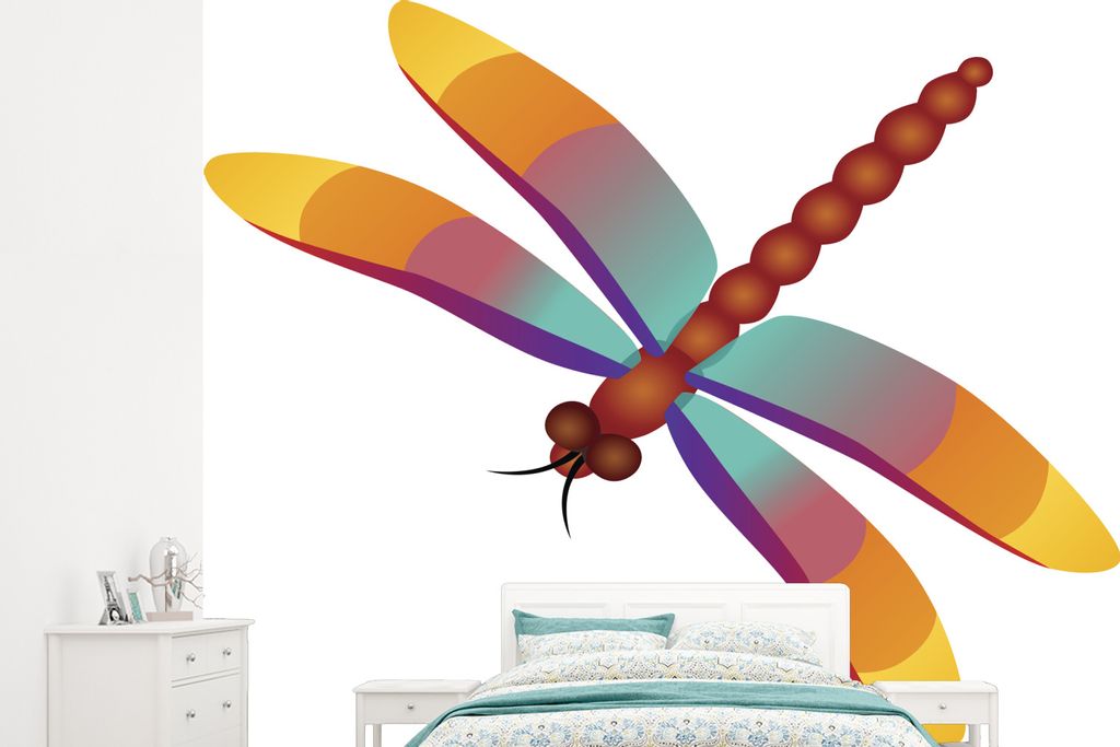 MuchoWow Fototapete für Wohnzimmer oder Schlafzimmer Wandtapete Vinyl Motivtapete Eine Illustration einer bunten Libelle - 265x240 cm - Zimmer f...