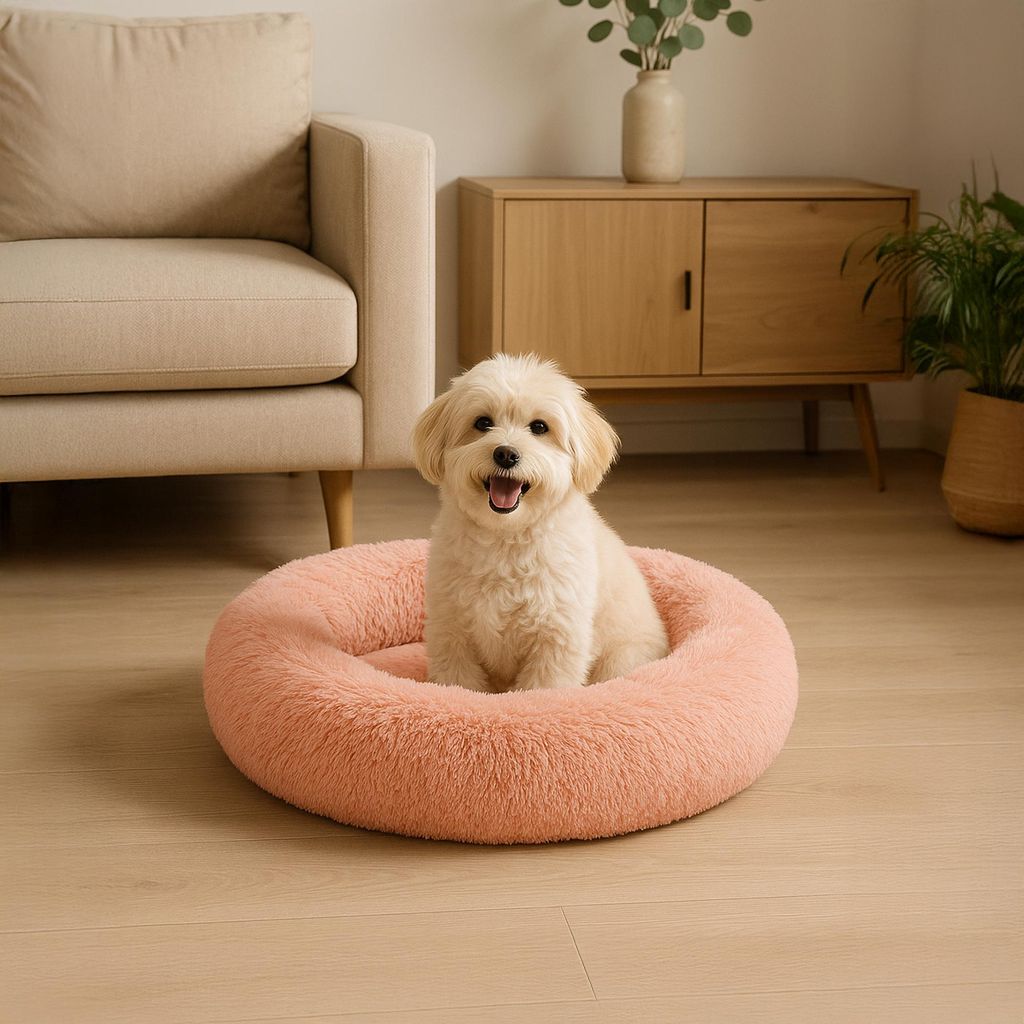 belviona Donut-Hundebett, kuscheliges Plüschbett mit weicher Füllung, sicherem Halt & ergonomischem Rand, 50 cm Durchmesser, altrosa