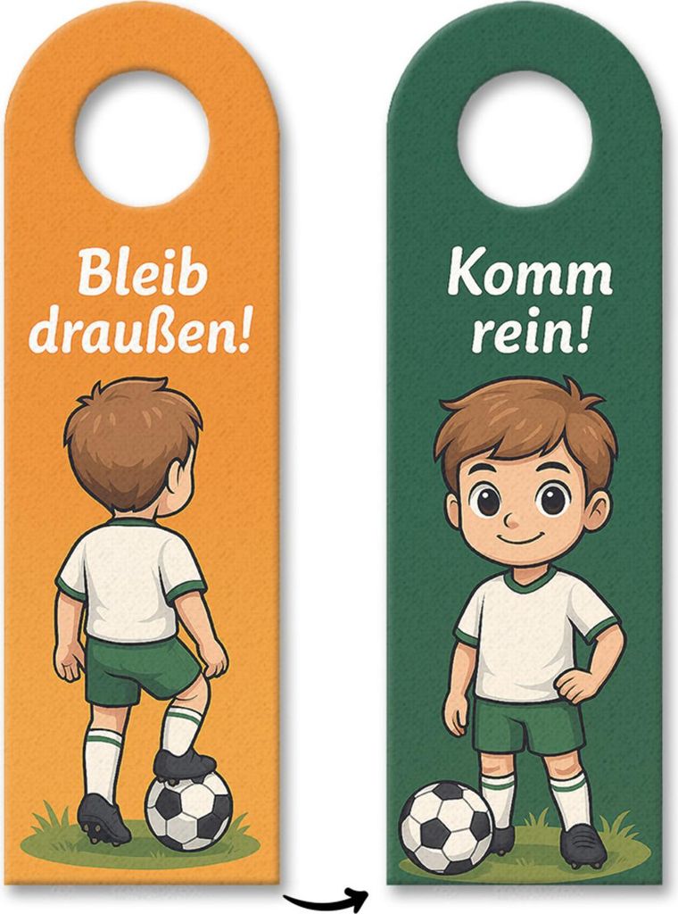 Junge mit Fußball Bleib draußen! Komm rein! Türhänger
