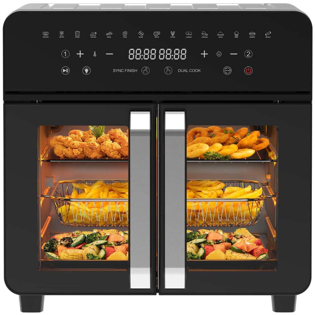 A modern black air fryer oven with a digital touch screen and dual doors, filled with various foods being cooked.