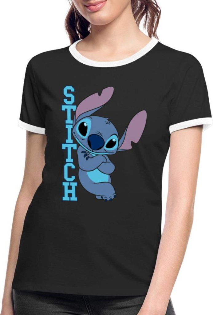 Lilo & Stitch | Stitch Mit Schriftzug Frauen Kontrast T-Shirt, XL, Schwarz/Weiß