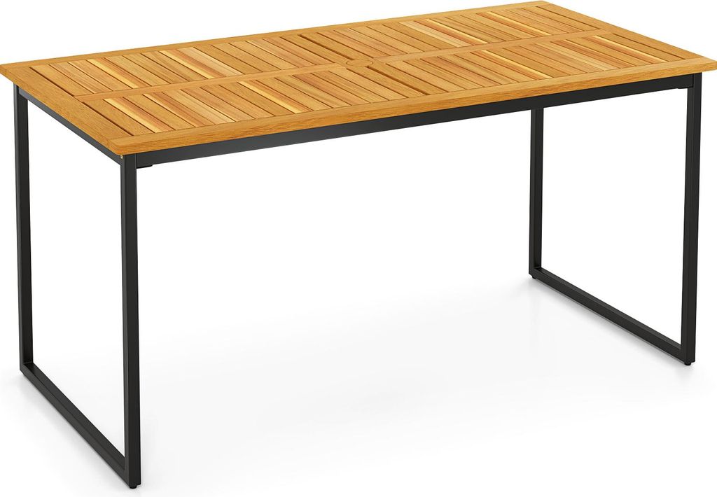 GOPLUS Gartentisch aus Akazienholz, 140×70cm Terrassentisch wetterfest mit 5cm Schirmloch & U-förmiger Rahmen, Esstisch rechteckig für 6 Personen