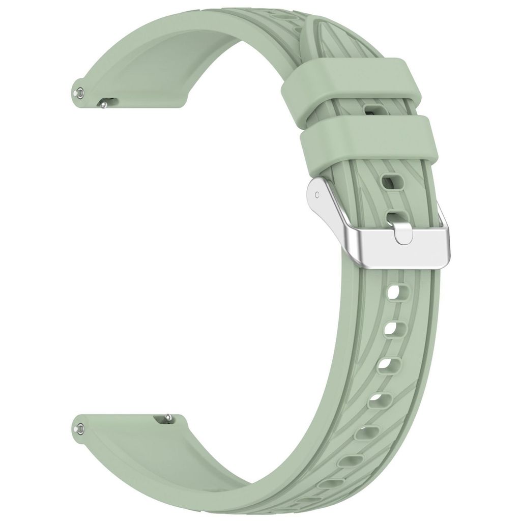 A light green watch strap with a striped texture and a silver buckle, shown against a white background.