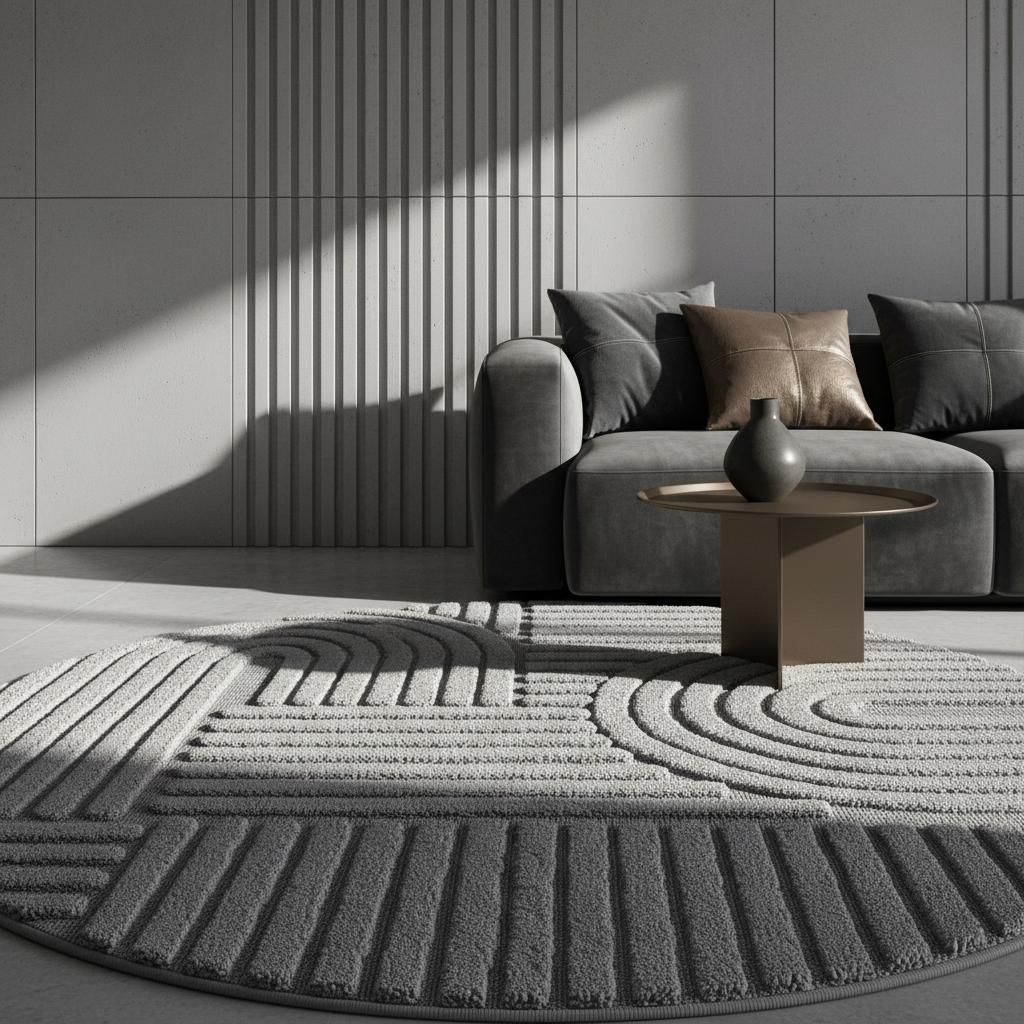Teppich 3D Skulptur Skandinavischer Boho Zeitlos Waschbar Strapazierfähig | Rund Silber 200x200 cm Flur Saugroboter geeignet | RIGI – Kadima Design