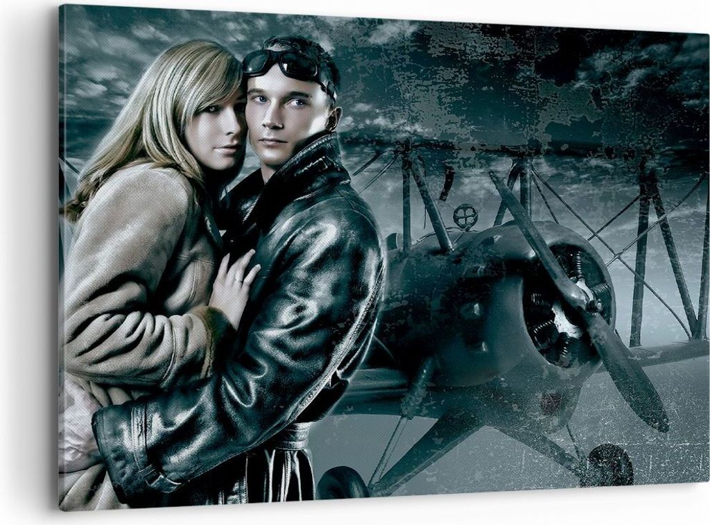 Bild auf Leinwand - Leinwandbild - Liebe Paar Avionik Flugzeug klassisches Flugzeug - 100x70cm - Wand Bild - Wanddeko - Leinwanddruck - Bilder - Ku...