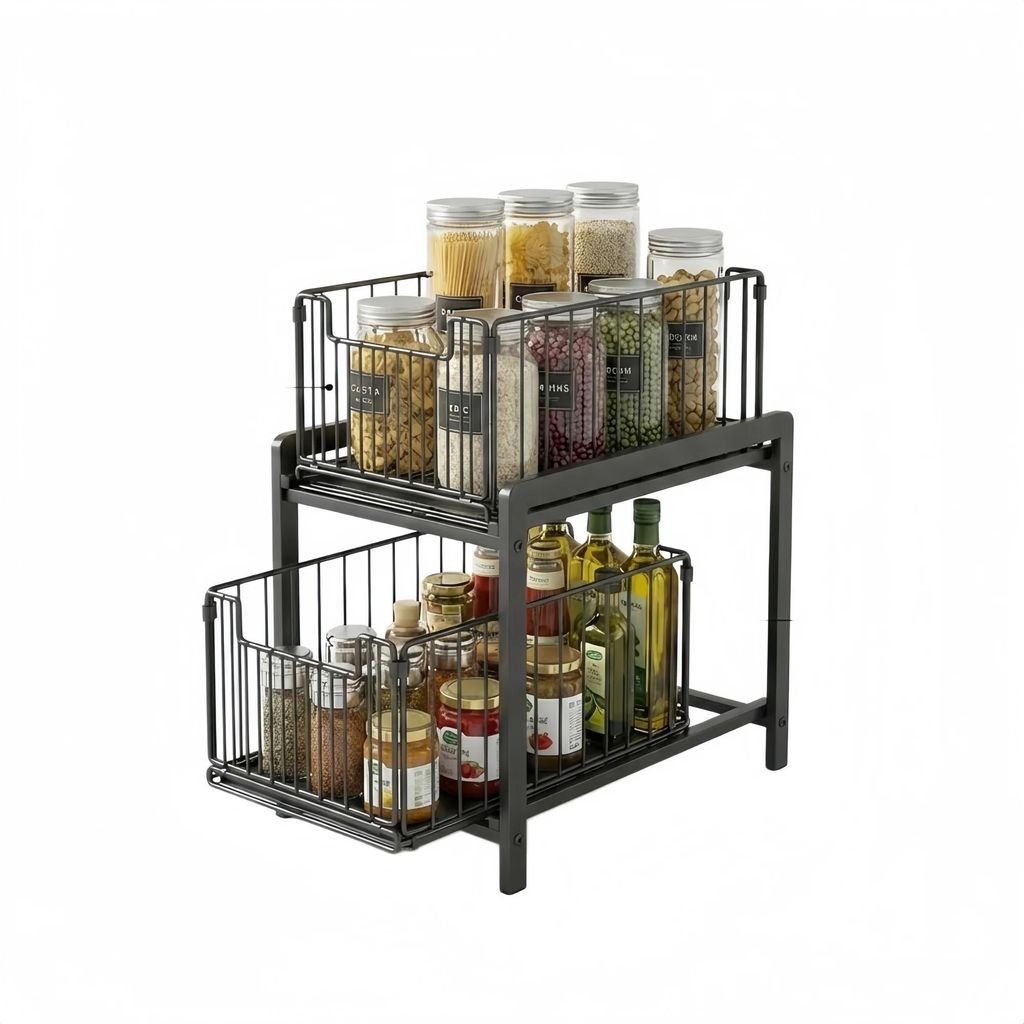 Küchen-Organizer - Ausziehbares Spülschrank-Regal - 2 Ebenen - Edelstahl - Mit Schubladen - Multifunktional - Schwarz