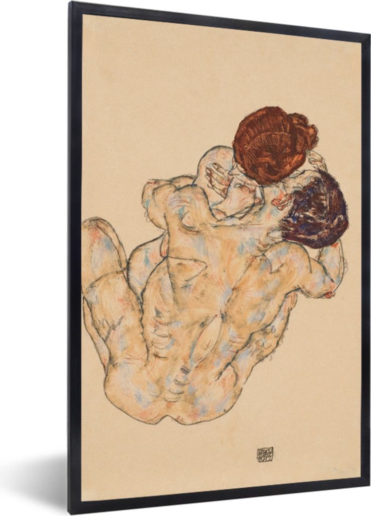 MuchoWow Gerahmtes Poster Mann und Frau, Umarmung - Gemälde von Egon Schiele 60x90 cm - Poster mit Schwarzem Bilderrahmen Wandposter Rahmen Foto...