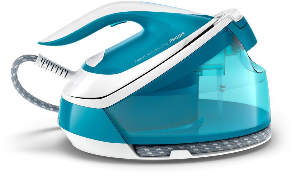 A close-up, side view of a blue and white steam iron with its water tank visible.