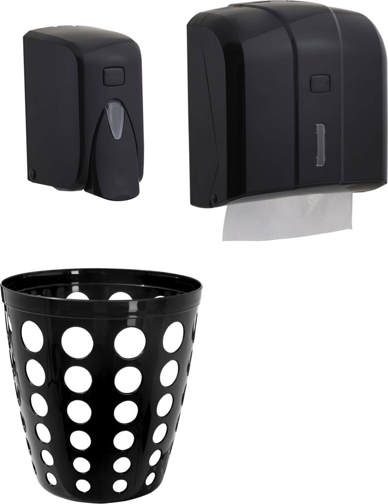 CleanSV Via Set 3 teilig Schwarz Seifenspender 1000 ml Papierhandtuchspender Papierkorb