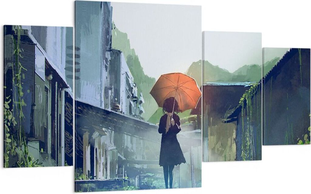 Bild auf Leinwand - Leinwandbild - Frau Straße Haus - 160x90cm - Wand Bild - Wanddeko - Wandbilder - Leinwanddruck - Bilder - Kunstdruck - Wanddek...
