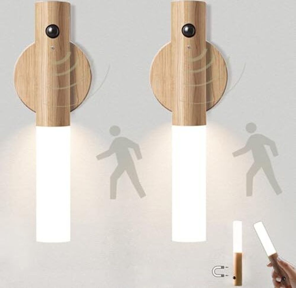 Wandleuchte Holz LED Nacht Bewegungssensor Batterie 2 Lampenschrank Beleuchtung USB wiederaufladbare Treppe Magnet warmes Weiß