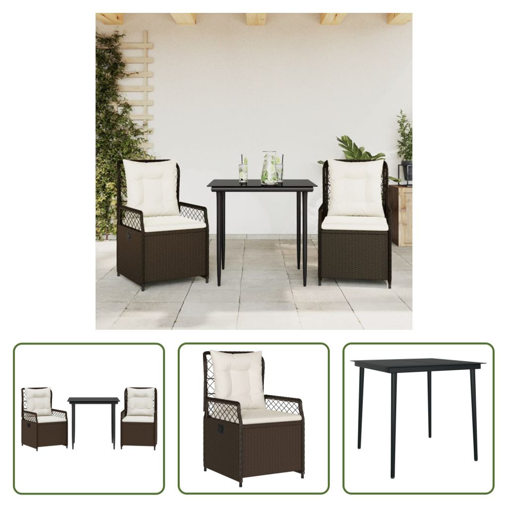The Living Store 3-tlg. Garten-Essgruppe mit Kissen Braun Poly Rattan