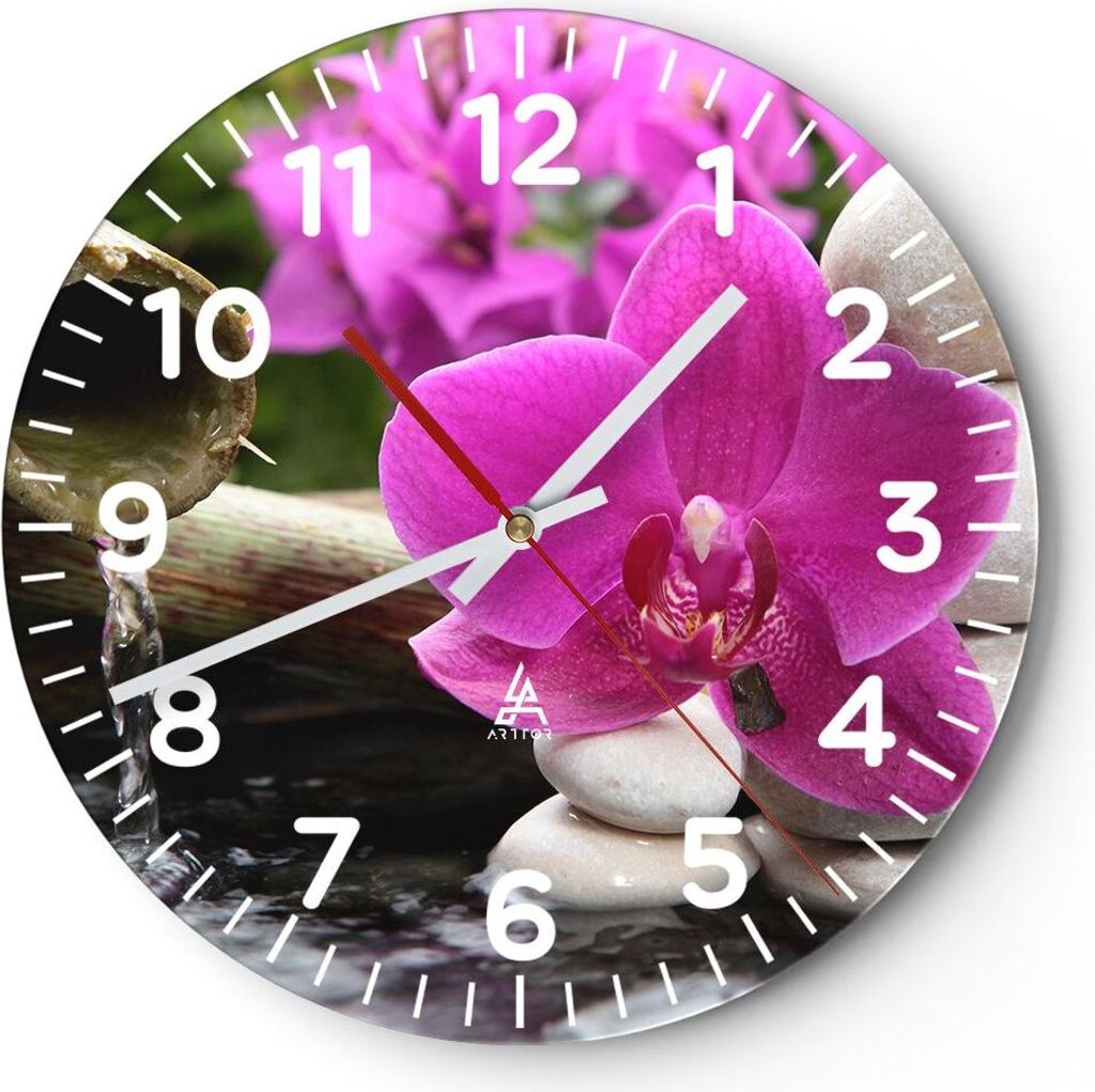 Wanduhr - Rund - Glasuhr - Orchidee Bambus Dekoration Spa - 40x40cm - Schleichendes Uhrwerk - Lautlos - zum Aufhängen bereit - Dekoration Modern -...