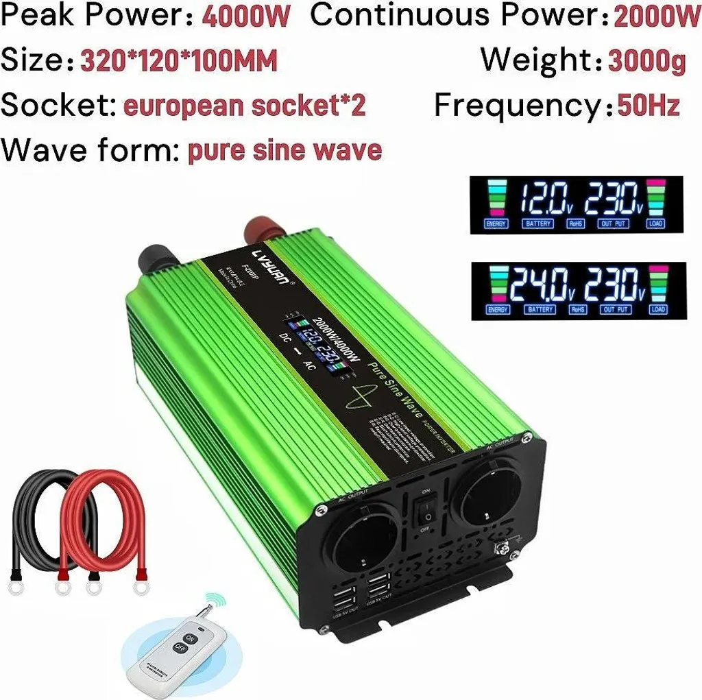 Onduleur 4000W Crête 24V Sinus Pur avec Commande à Distance et Prise EU