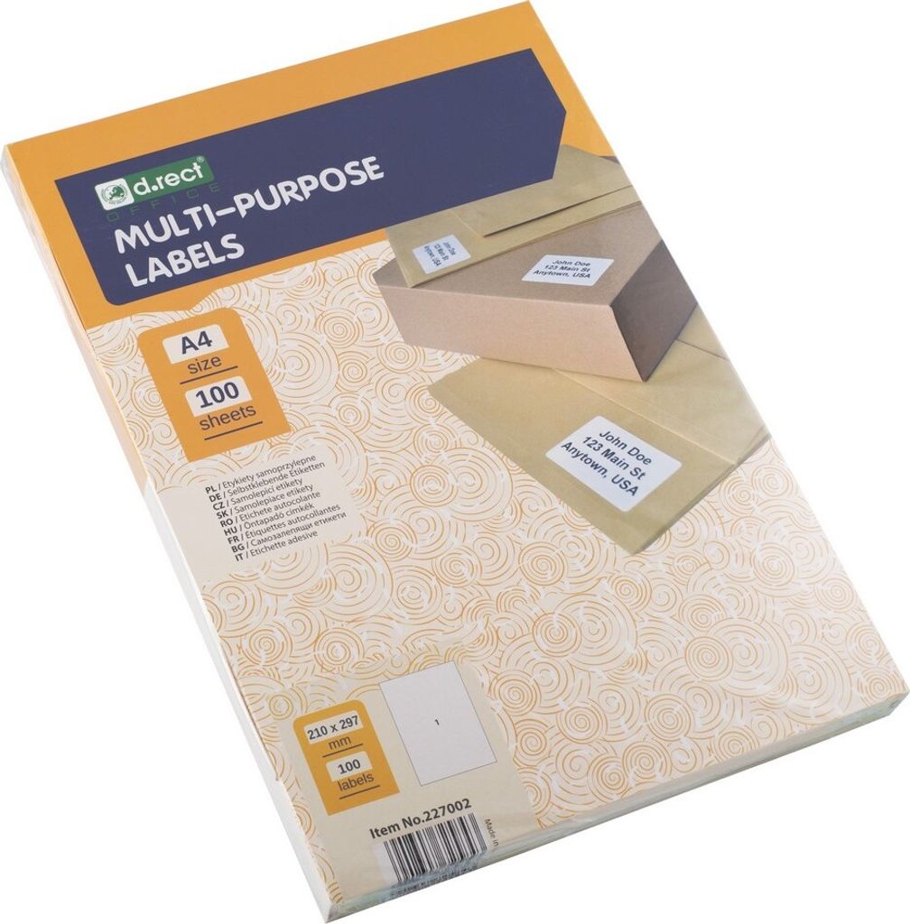 D.RECT Klebeetiketten Universal-Etiketten (210x297mm auf DIN A4) bedruckbar selbstklebend 100 Blatt/Packung 1 Etikette/Blatt 100 Stücke weiß