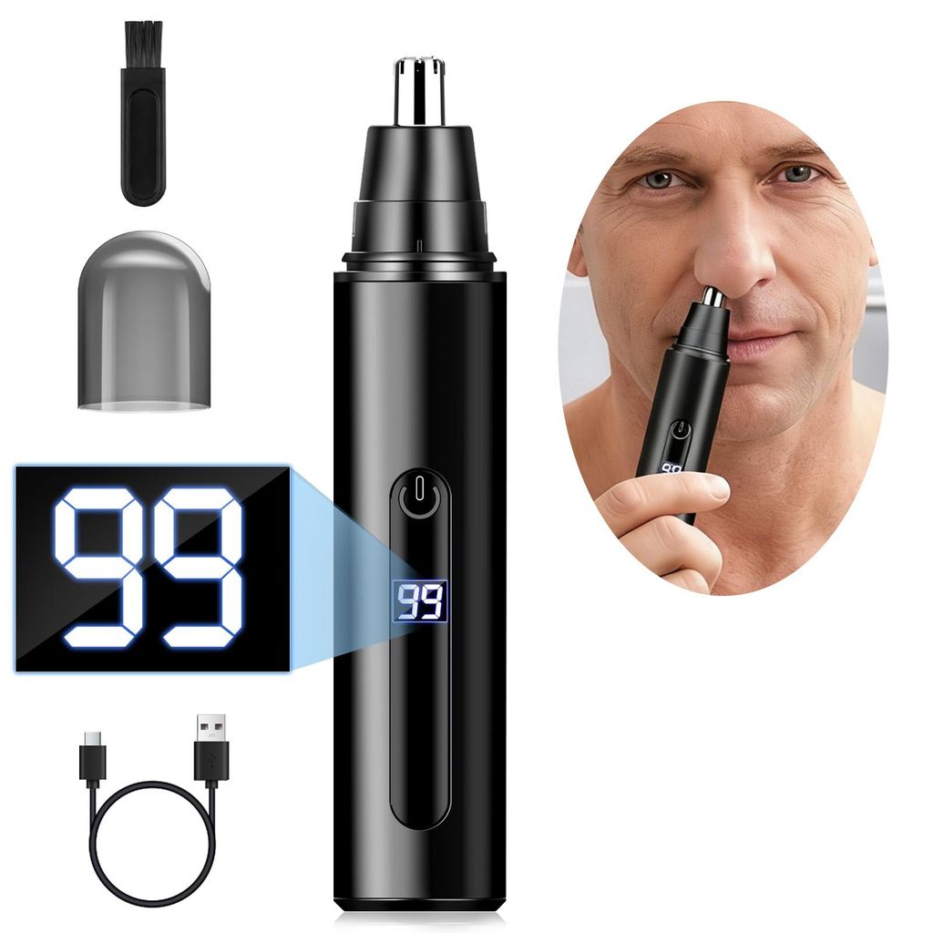 Elektrischer Nasenhaartrimmer mit LED-Anzeige, Premium Aluminium-Gehäuse, USB-C Wiederaufladbar, Nasen- und Ohrhaarentferner mit 3CR13 Edelstahlkl...