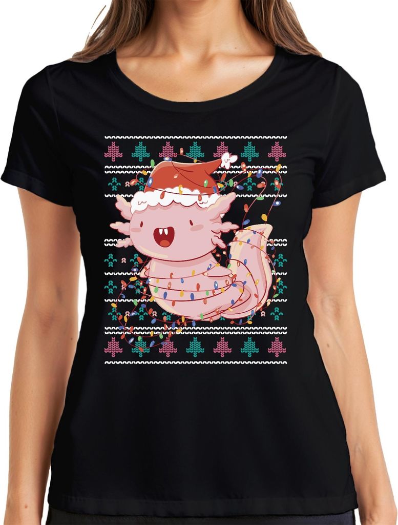 Axolotl Weihnachtsoutfit - Ugly Christmas Sweater Weihnachten Weihnachtsgeschenk Damen T-Shirt, Schwarz, XL