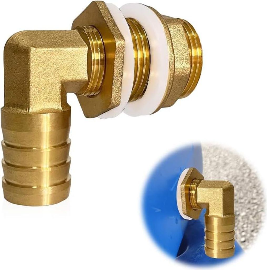 3/4 Zoll IG zu 1 Zoll AG Winkeltankschraubverbindung für Regentonne - Schlauchtülle 25 mm - Regenwasserabfluss - 90 Grad Winkel - Mit 2 Dichtungen